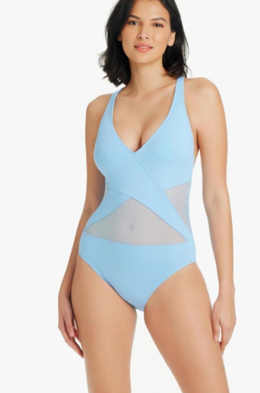 BLEU ROD BEATTIE Don’t Mesh with Me V-Neck One-Piece Swimsuit Size 8 Blue NWT